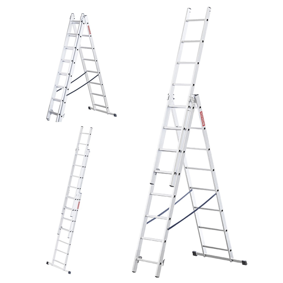 Drei Aufstellmöglichkeiten der Aluminium-Mehrzweckleiter Baulich 3x8