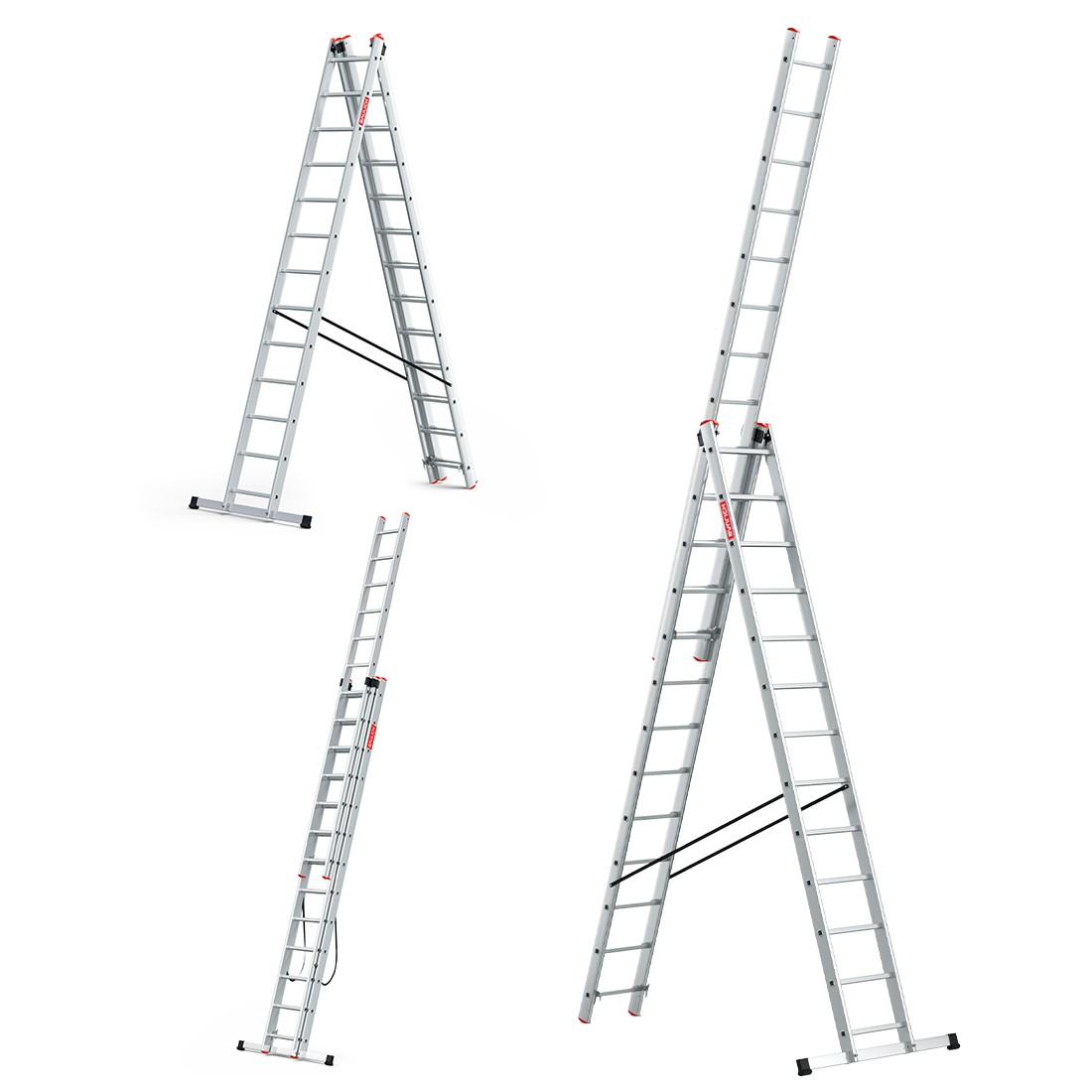Drei Konfigurationen der professionellen Aluminium-Mehrzweckleiter Baulich 3x13 PRO