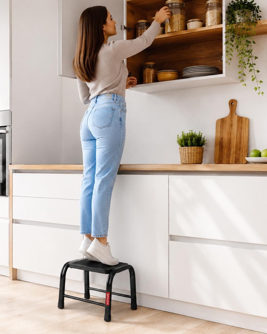 Schwarzer Stahlhocker HOME mit rutschfester Plattform