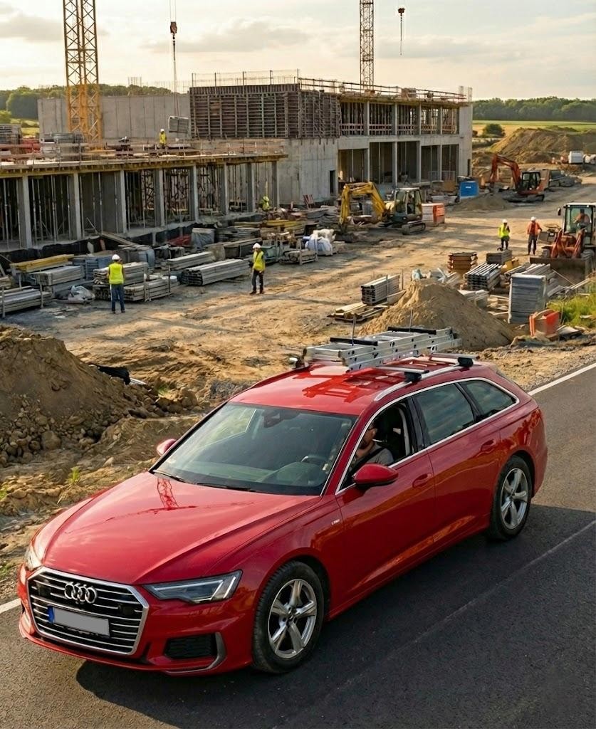 Leiterhalter auf dem Autodach mit montierter Leiter auf einem Fahrzeug an der Baustelle